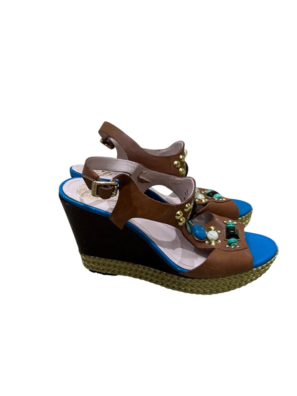 Vince Camuto Brown leather & turquoise Blue Jeweled platform wedge Sandals sz 8